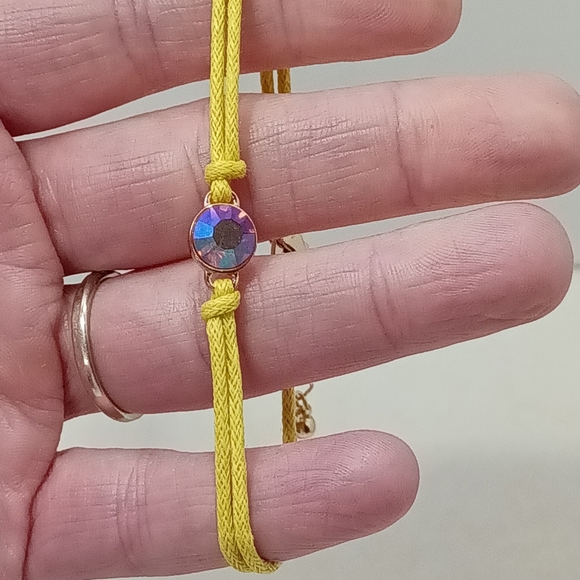 Pink Crystal Centered Yellow Nylon Bracelet Glass Stone Corded Rope Band - Picture 3 of 8